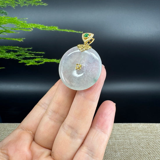 "Good Luck Button"Icy Green Jadeite Jade Lucky KouKou Pendant With 18K Yellow Gold Bail