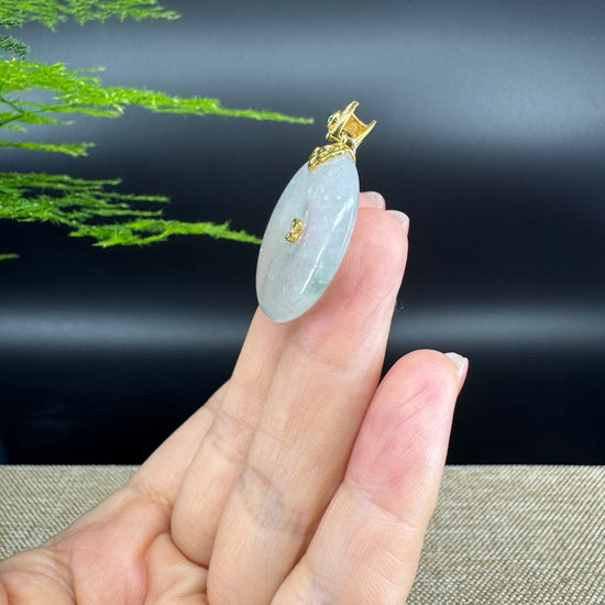 "Good Luck Button"Icy Green Jadeite Jade Lucky KouKou Pendant With 18K Yellow Gold Bail