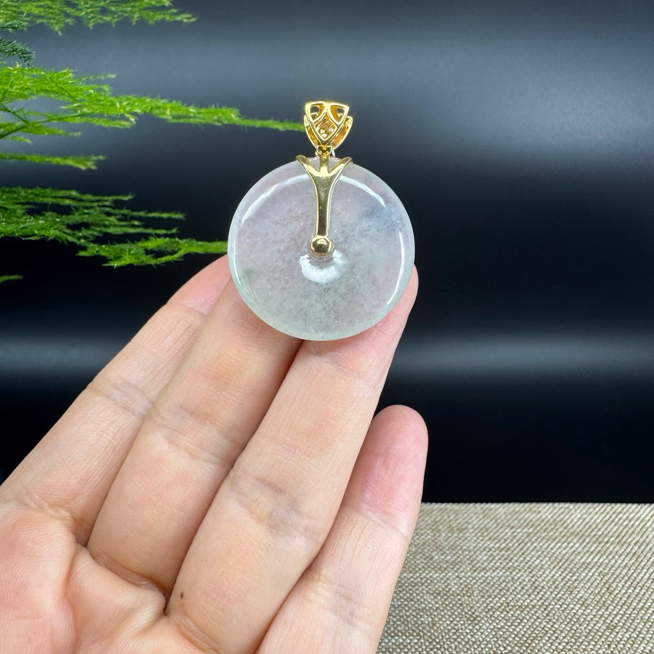 "Good Luck Button"Icy Green Jadeite Jade Lucky KouKou Pendant With 18K Yellow Gold Bail