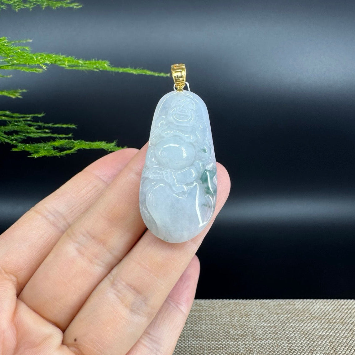 18K Yellow Gold Burmese Green Jadeite Jade Happy Buddha Pendant