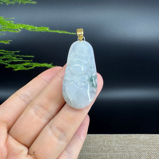 18K Yellow Gold Burmese Green Jadeite Jade Happy Buddha Pendant