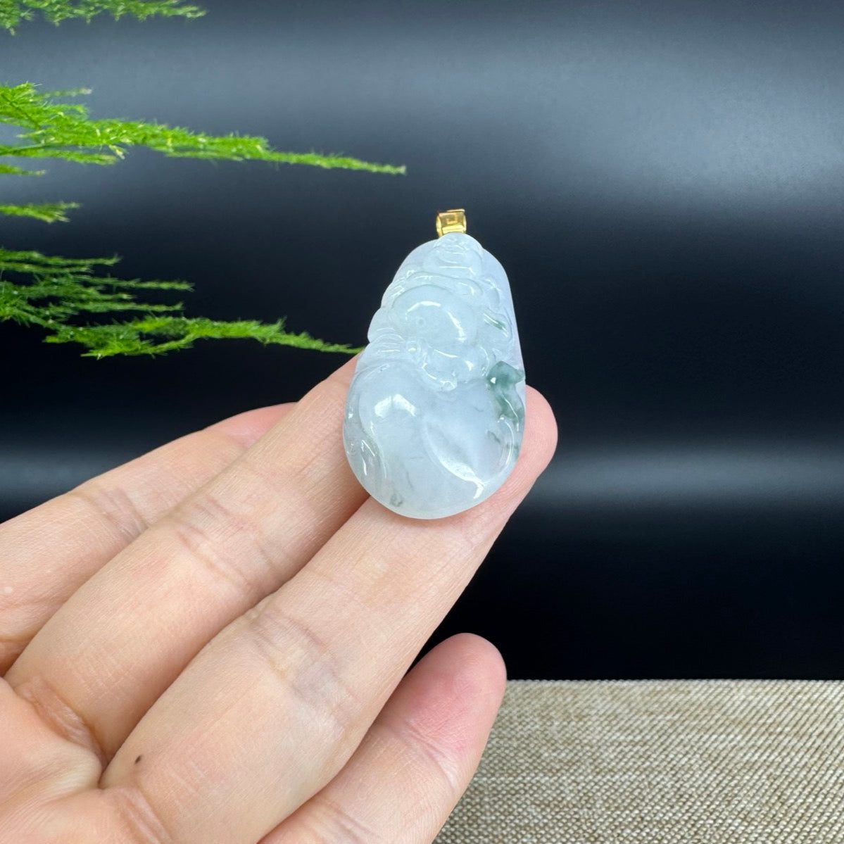 18K Yellow Gold Burmese Green Jadeite Jade Happy Buddha Pendant