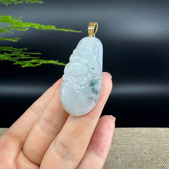 18K Yellow Gold Burmese Green Jadeite Jade Happy Buddha Pendant