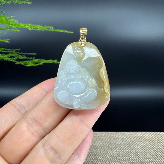 18K Yellow Gold Burmese Yellow Jadeite Jade Happy Buddha Pendant