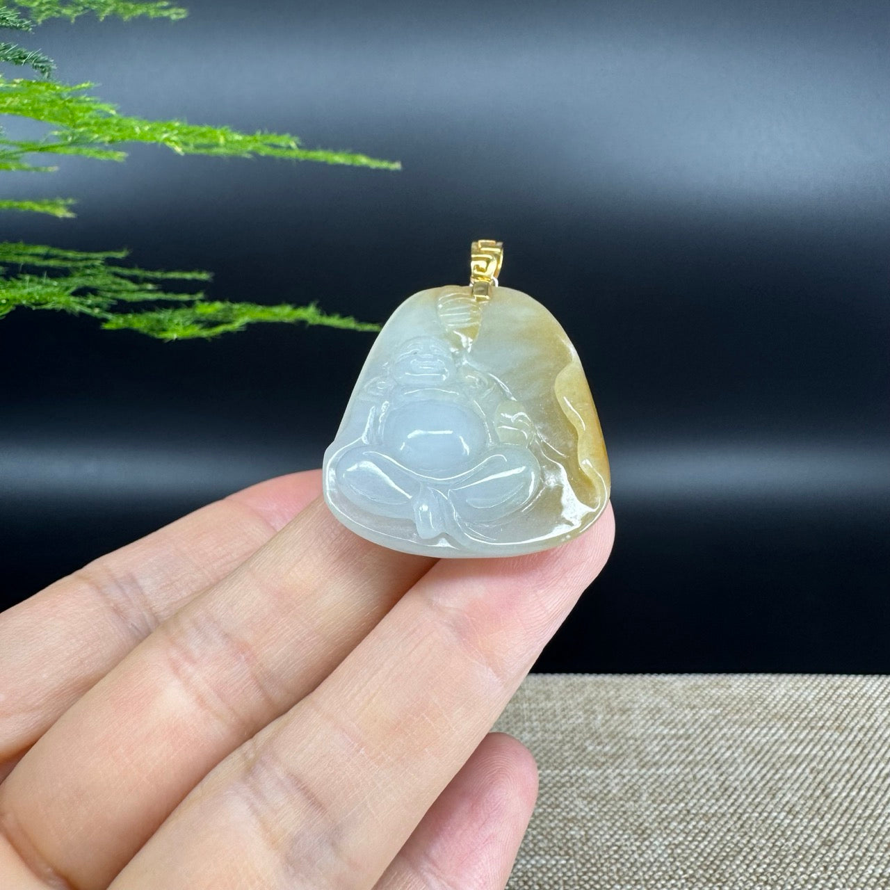 18K Yellow Gold Burmese Yellow Jadeite Jade Happy Buddha Pendant