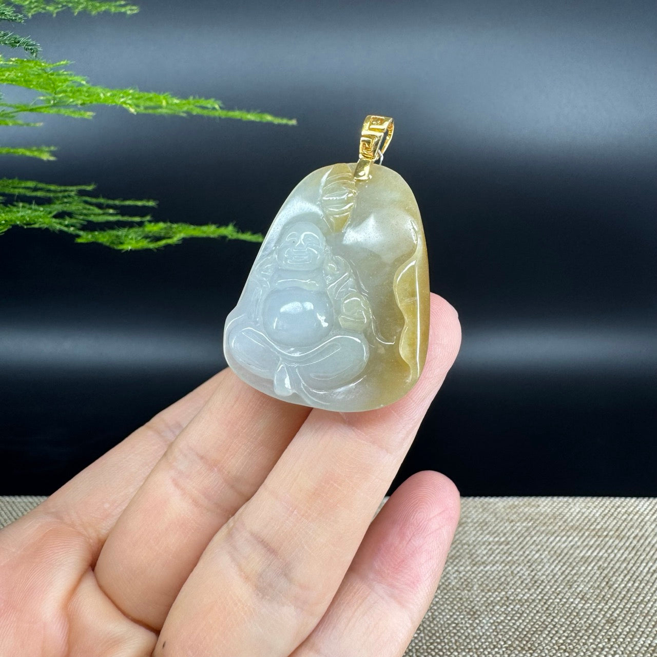 18K Yellow Gold Burmese Yellow Jadeite Jade Happy Buddha Pendant