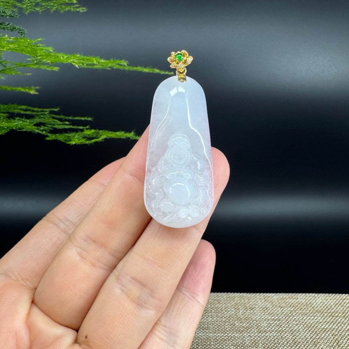 18K Yellow Gold Burmese White Jadeite Jade Happy Buddha Pendant