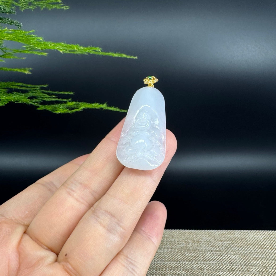 18K Yellow Gold Burmese White Jadeite Jade Happy Buddha Pendant