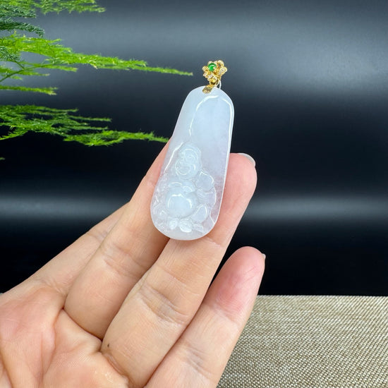 18K Yellow Gold Burmese White Jadeite Jade Happy Buddha Pendant