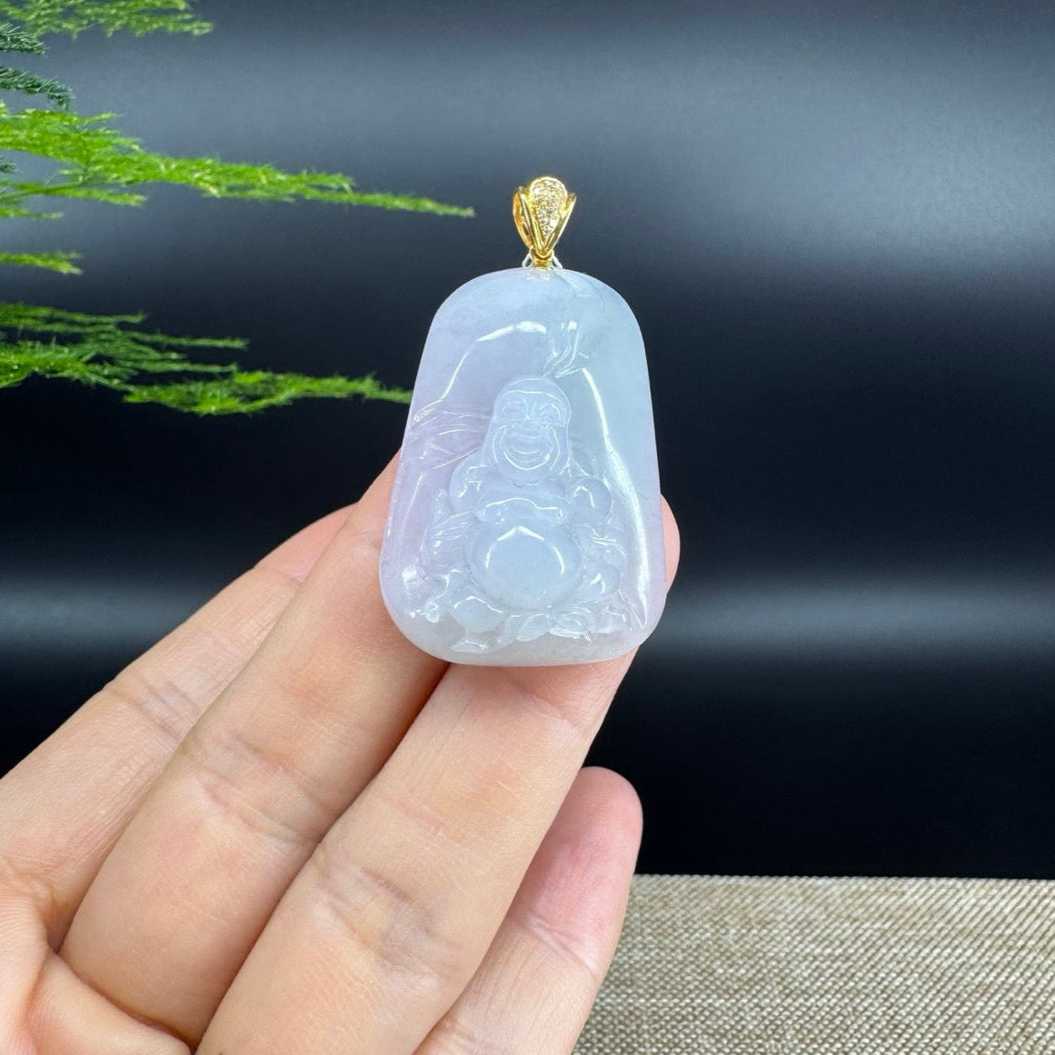 18K Yellow Gold Burmese Lavender Green Jadeite Jade Happy Buddha Pendant
