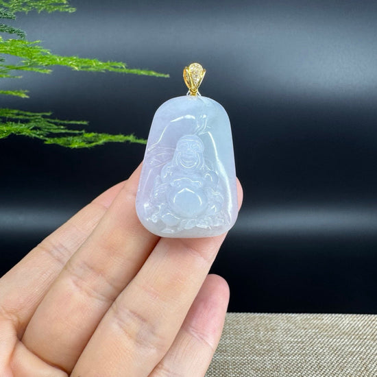 18K Yellow Gold Burmese Lavender Green Jadeite Jade Happy Buddha Pendant