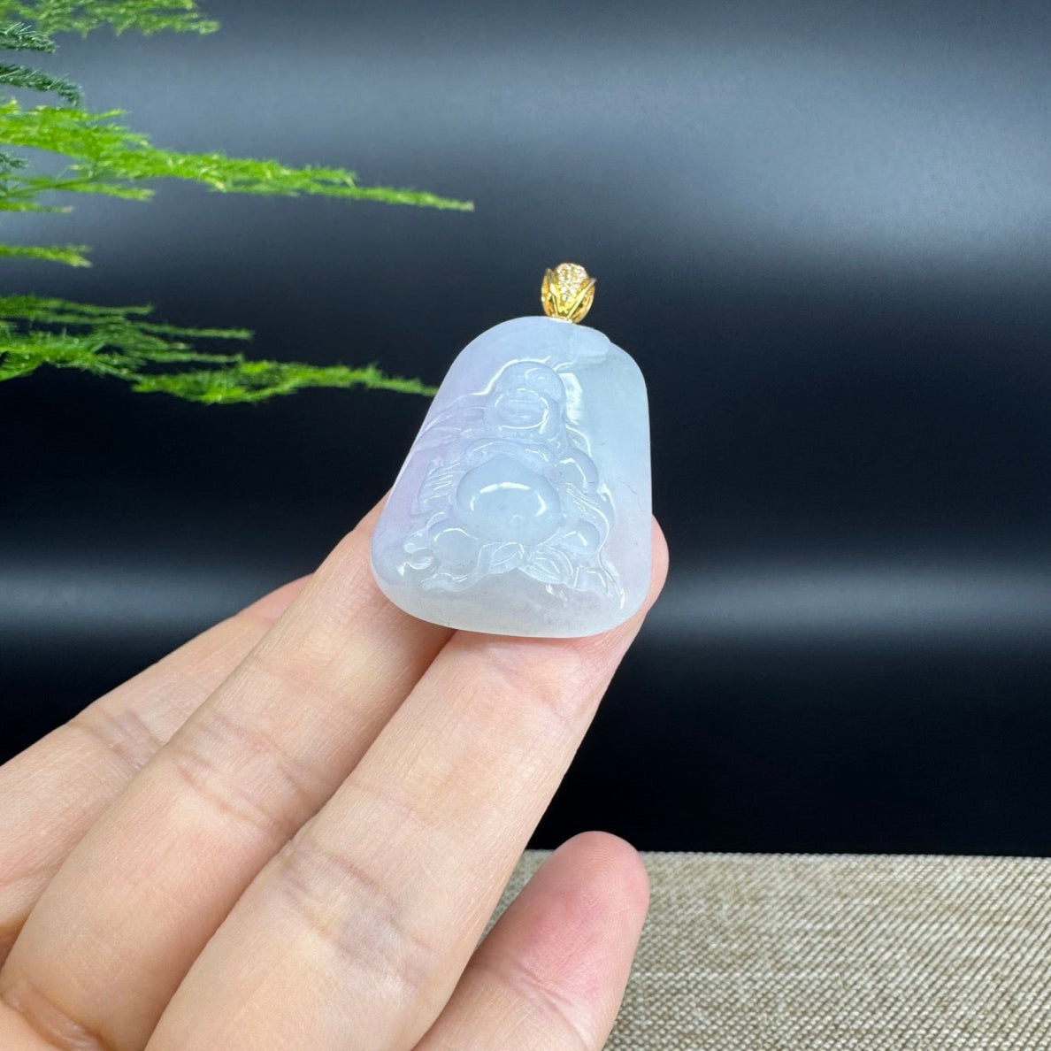 18K Yellow Gold Burmese Lavender Green Jadeite Jade Happy Buddha Pendant