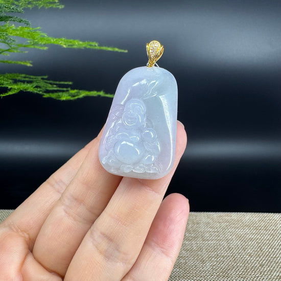 18K Yellow Gold Burmese Lavender Green Jadeite Jade Happy Buddha Pendant