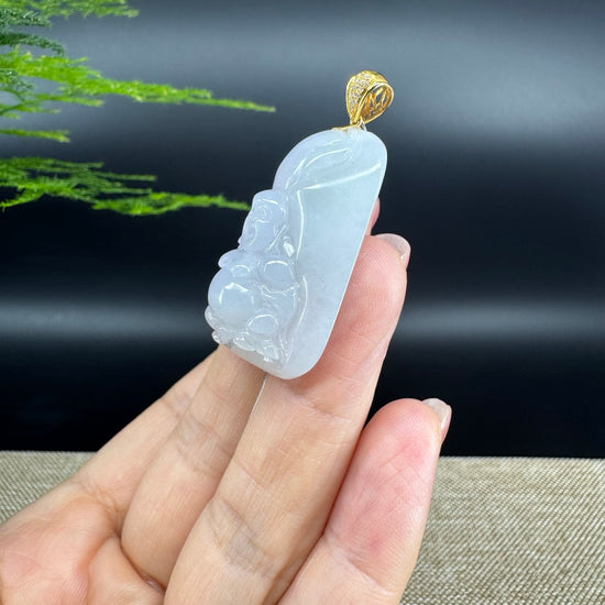 18K Yellow Gold Burmese Lavender Green Jadeite Jade Happy Buddha Pendant