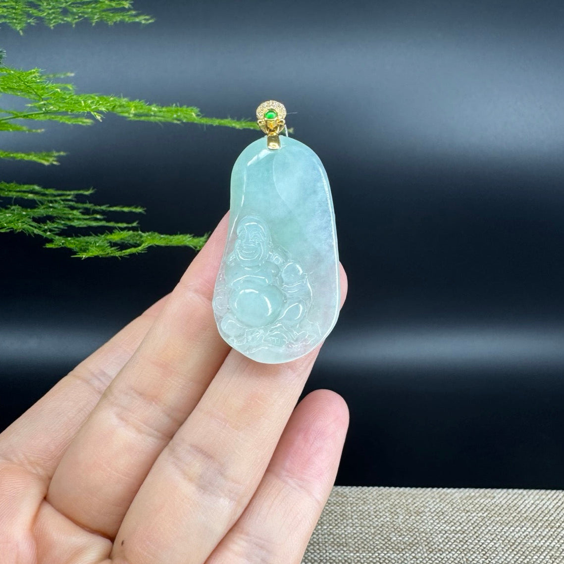 18K Yellow Gold Burmese Green Jadeite Jade Happy Buddha Pendant