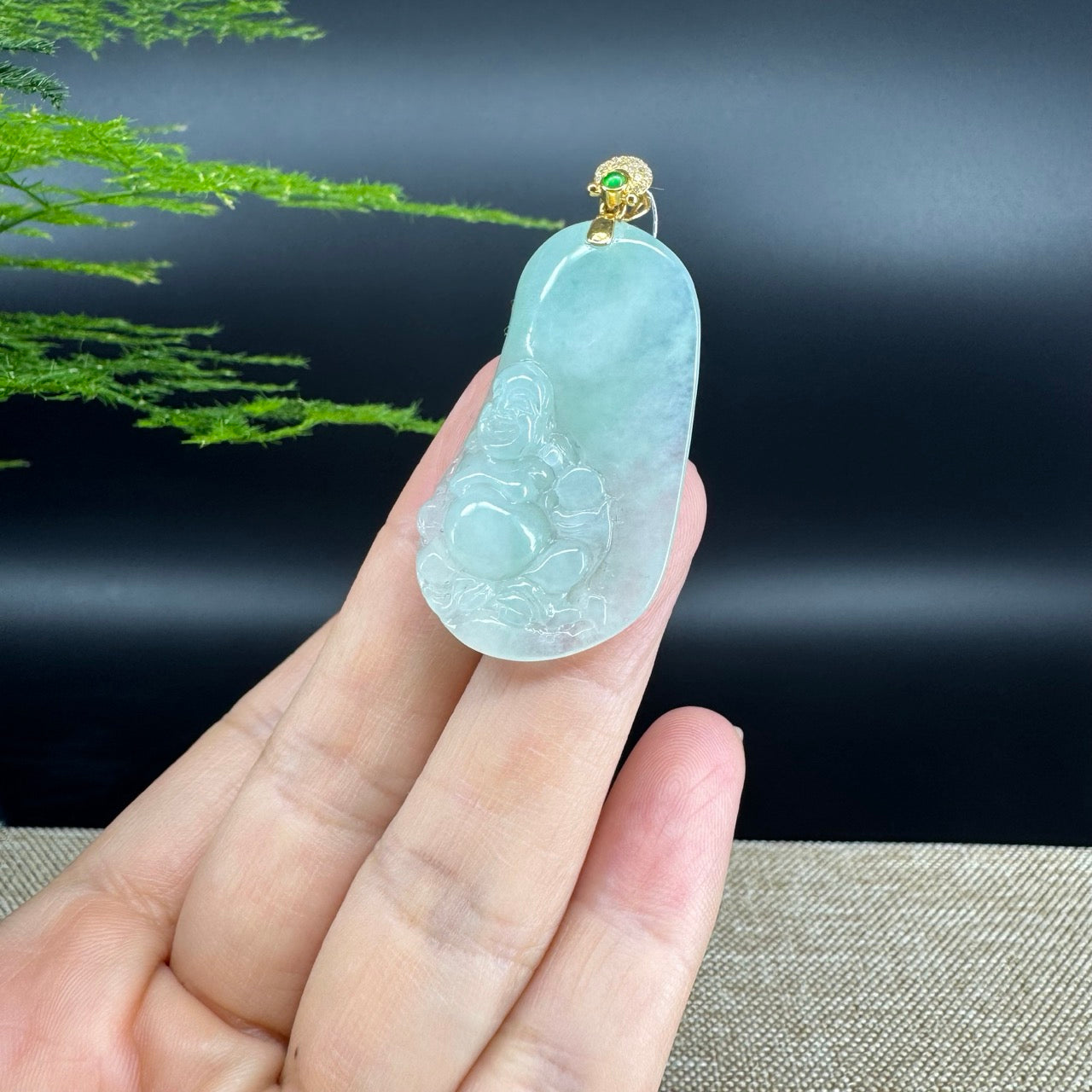 18K Yellow Gold Burmese Green Jadeite Jade Happy Buddha Pendant