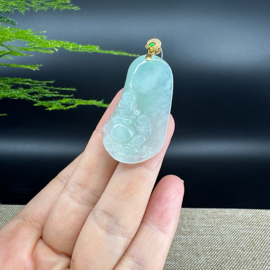18K Yellow Gold Burmese Green Jadeite Jade Happy Buddha Pendant