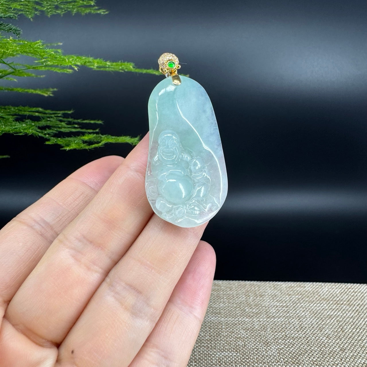 18K Yellow Gold Burmese Green Jadeite Jade Happy Buddha Pendant