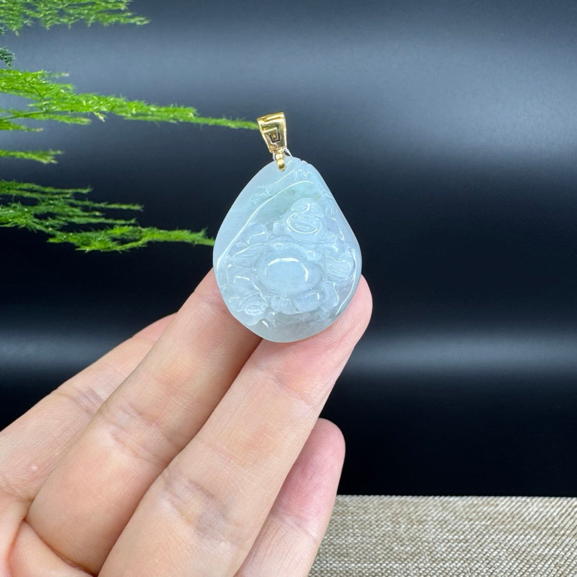 18K Yellow Gold Burmese Green Jadeite Jade Happy Buddha Pendant