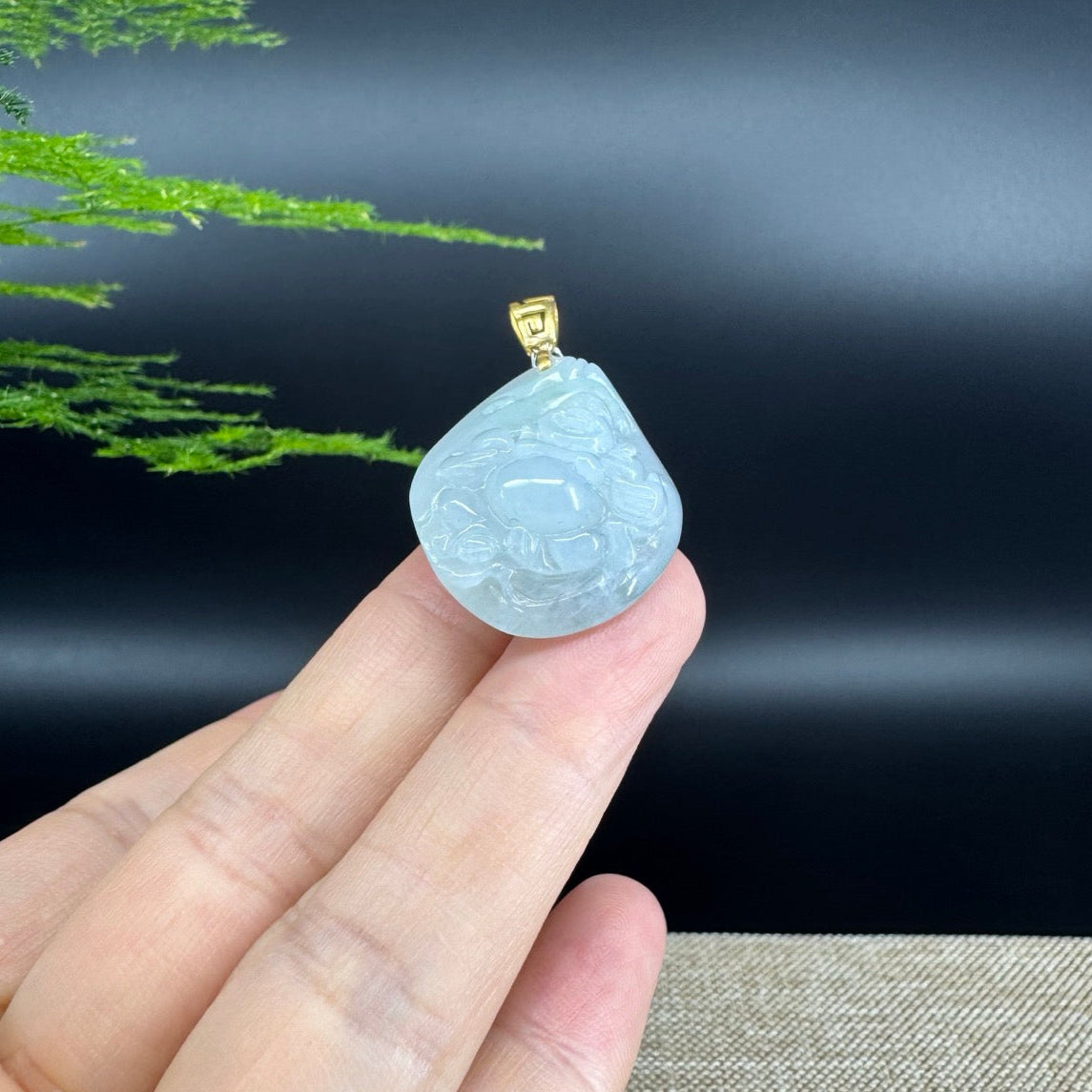 18K Yellow Gold Burmese Green Jadeite Jade Happy Buddha Pendant