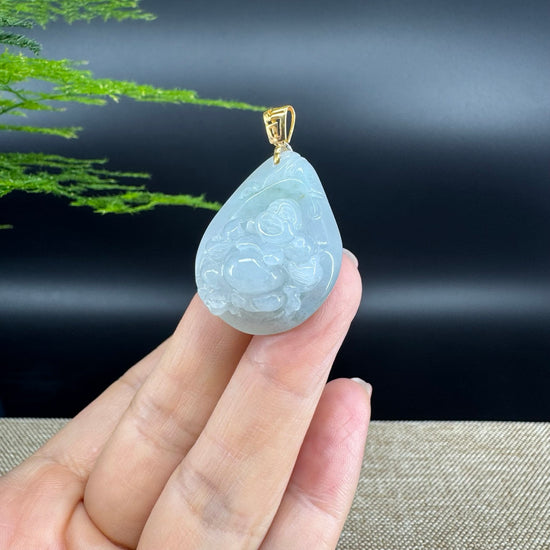 18K Yellow Gold Burmese Green Jadeite Jade Happy Buddha Pendant
