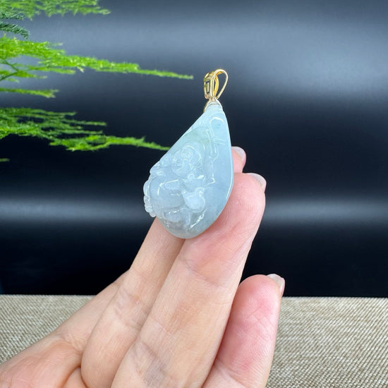 18K Yellow Gold Burmese Green Jadeite Jade Happy Buddha Pendant