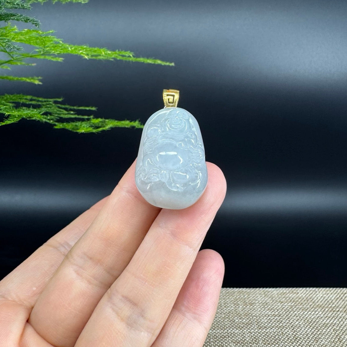 18K Yellow Gold Burmese White Jadeite Jade Happy Buddha Pendant