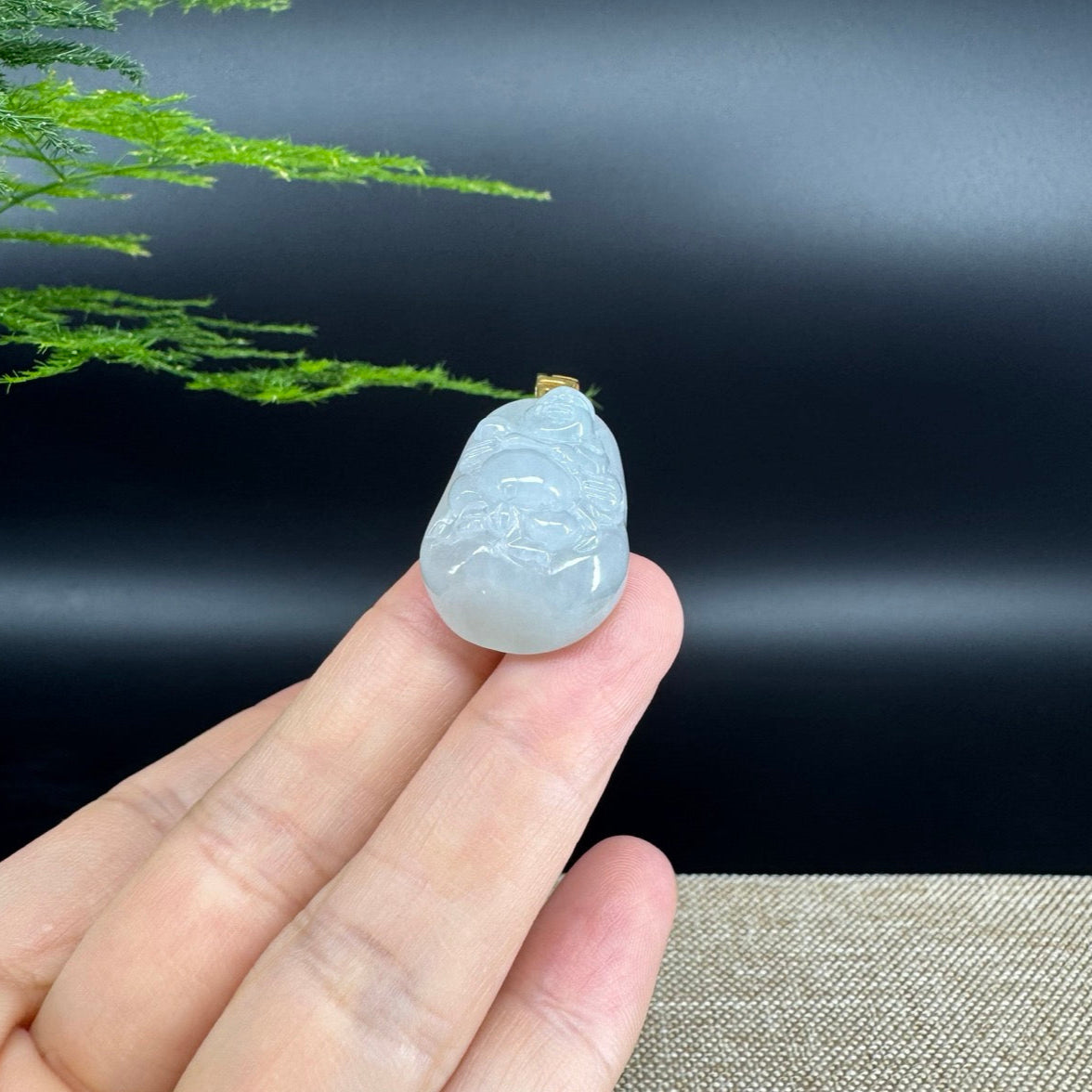 18K Yellow Gold Burmese White Jadeite Jade Happy Buddha Pendant