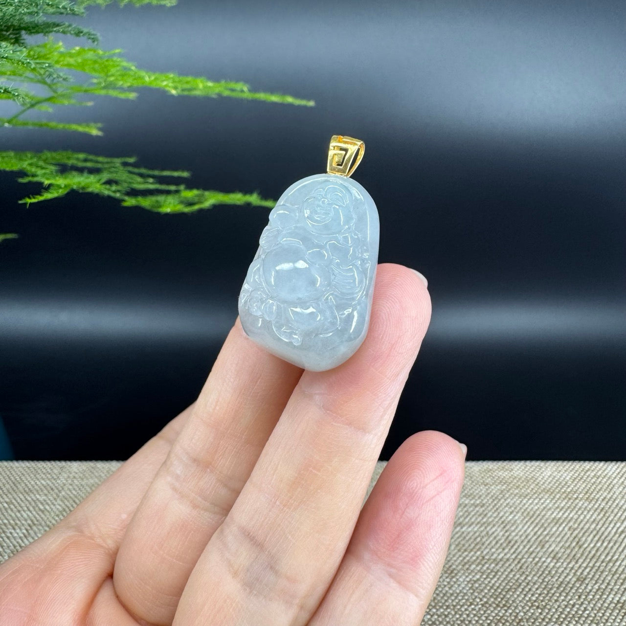 18K Yellow Gold Burmese White Jadeite Jade Happy Buddha Pendant