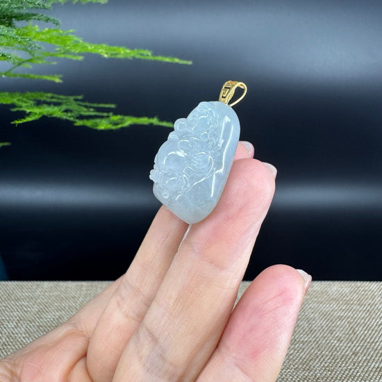 18K Yellow Gold Burmese White Jadeite Jade Happy Buddha Pendant