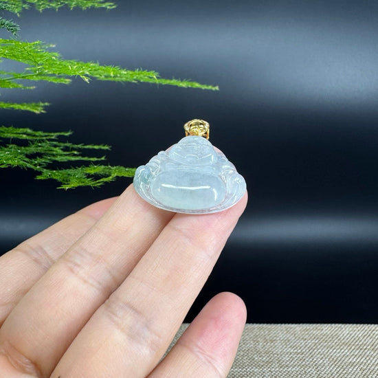 18K Yellow Gold Burmese Icy Green Jadeite Jade Happy Buddha Pendant