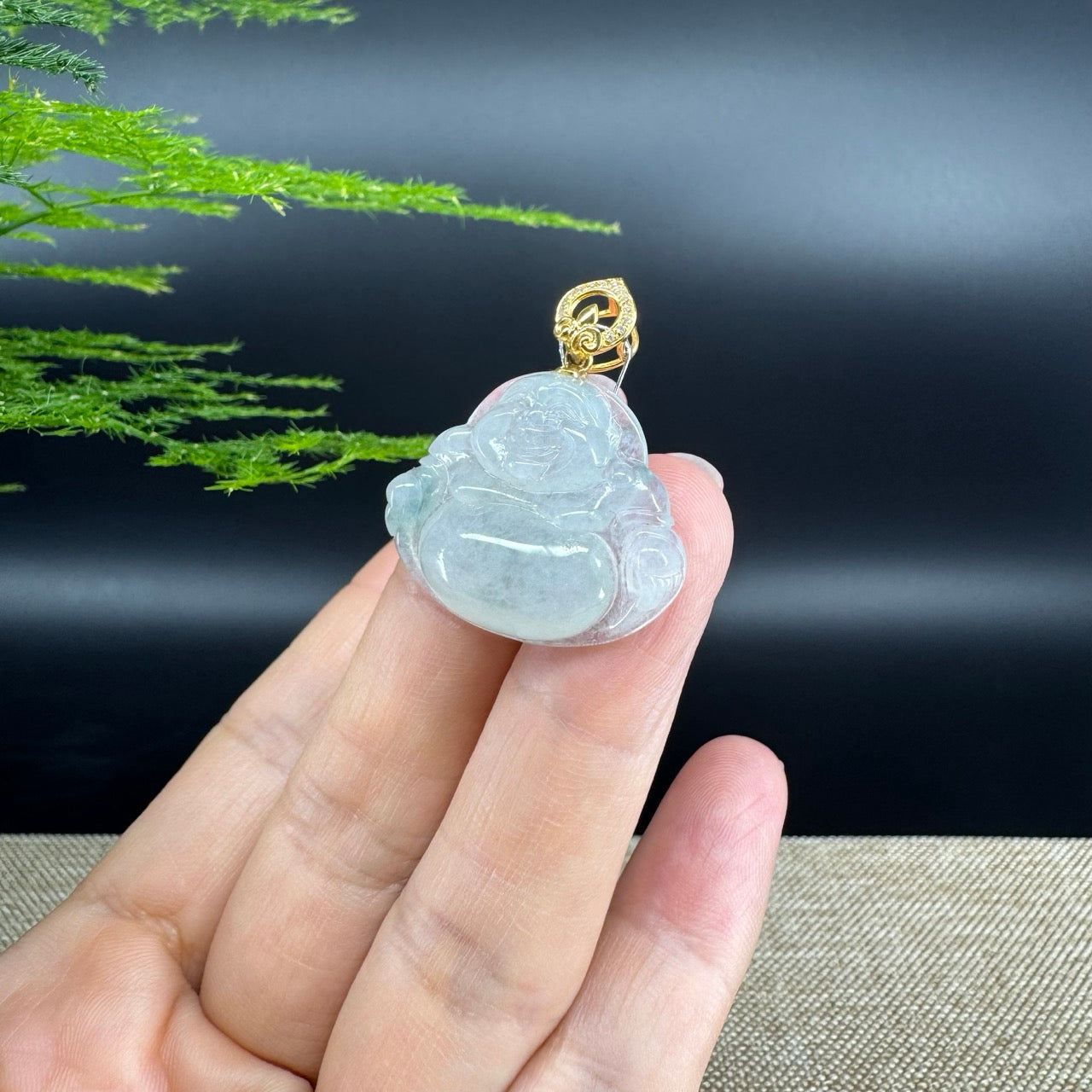 18K Yellow Gold Burmese Icy Green Jadeite Jade Happy Buddha Pendant