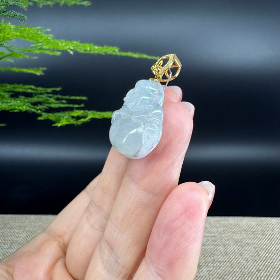 18K Yellow Gold Burmese Icy Green Jadeite Jade Happy Buddha Pendant