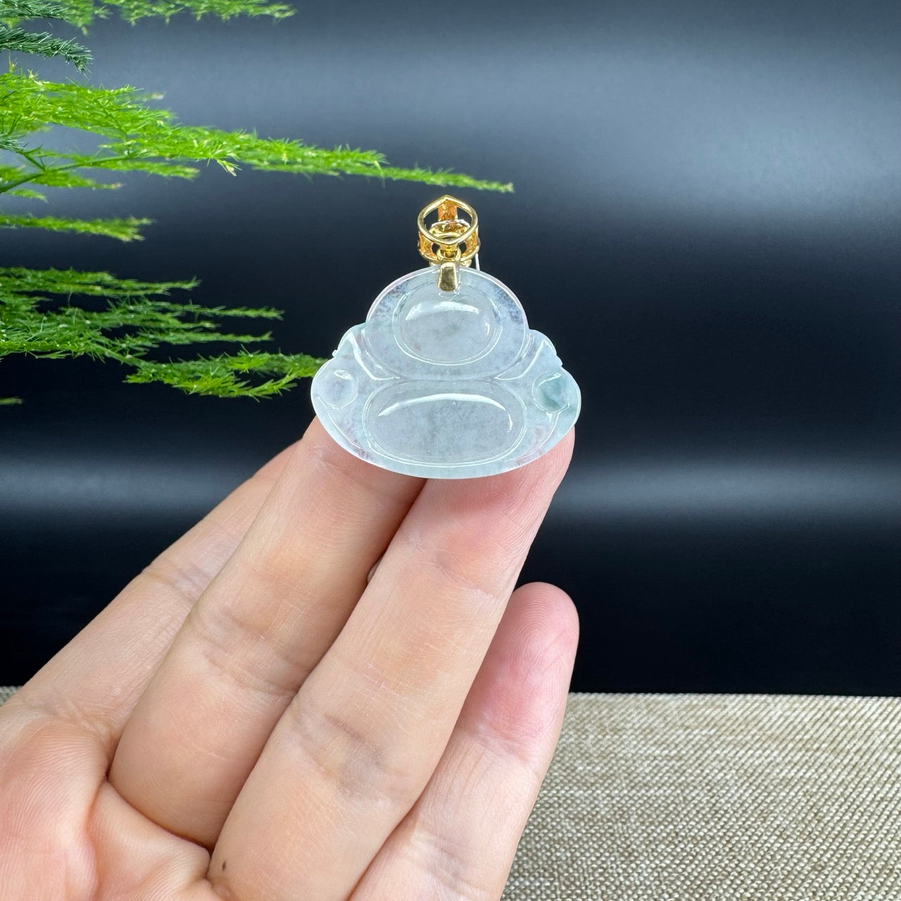 18K Yellow Gold Burmese Icy Green Jadeite Jade Happy Buddha Pendant