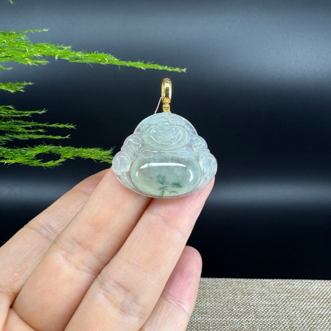 18K Yellow Gold Burmese Icy Green Jadeite Jade Happy Buddha Pendant