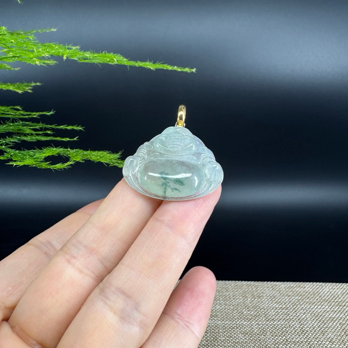 18K Yellow Gold Burmese Icy Green Jadeite Jade Happy Buddha Pendant