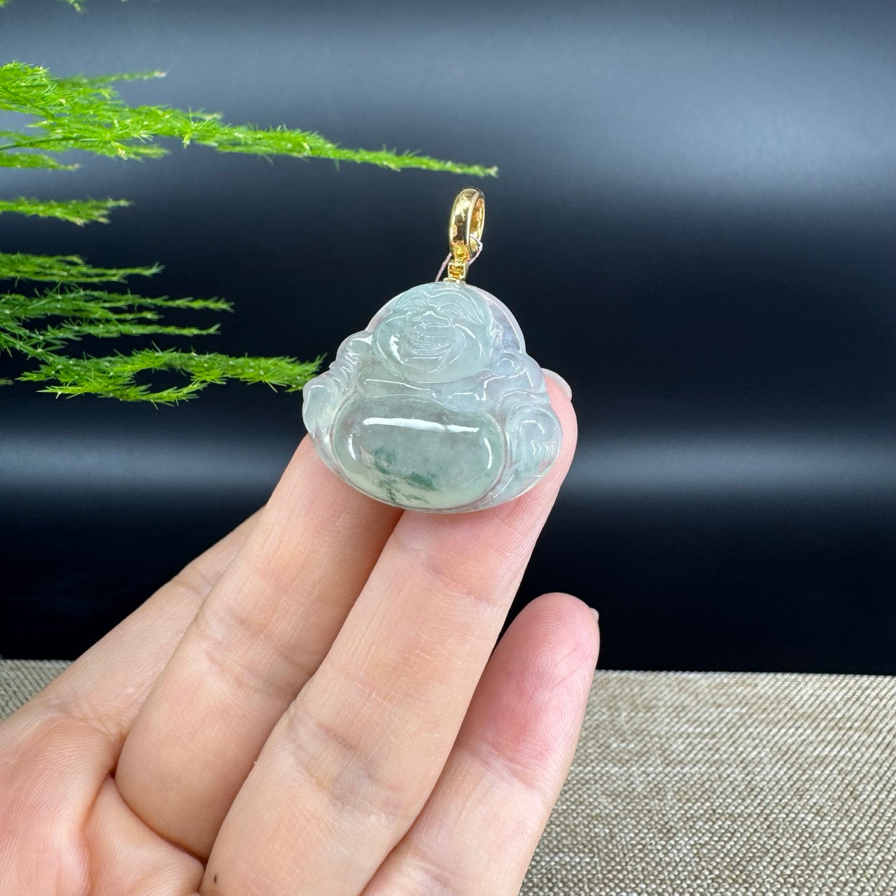 18K Yellow Gold Burmese Icy Green Jadeite Jade Happy Buddha Pendant