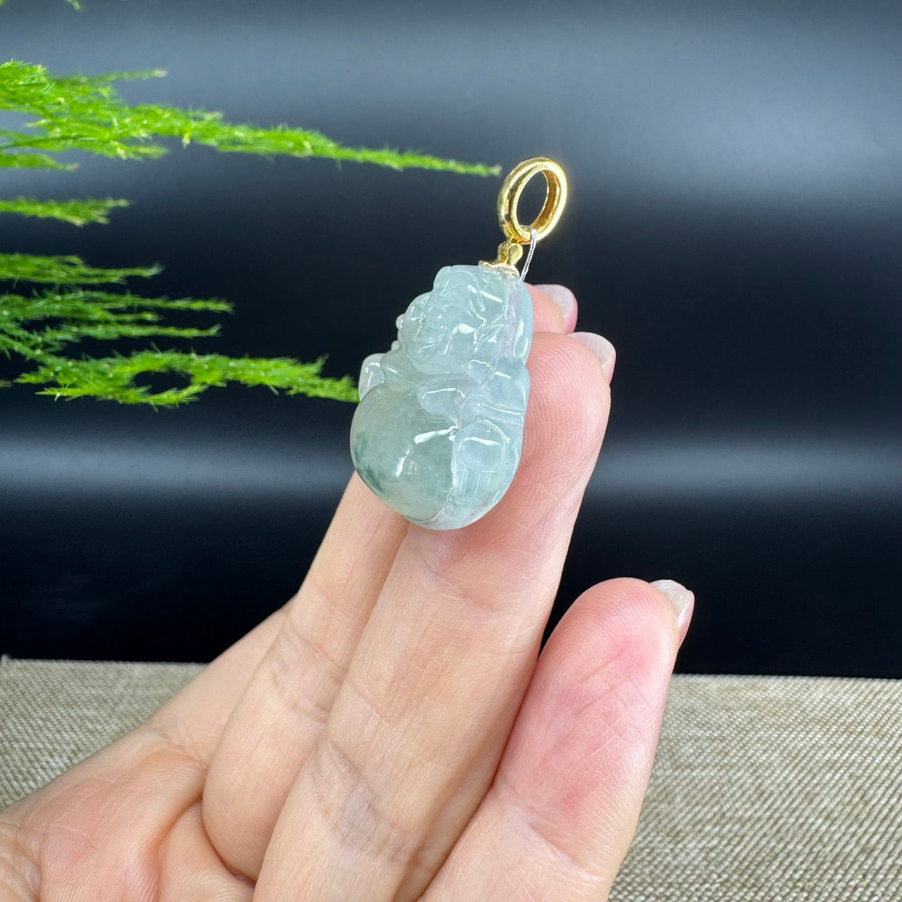 18K Yellow Gold Burmese Icy Green Jadeite Jade Happy Buddha Pendant