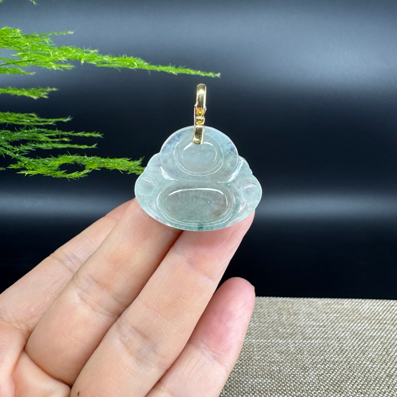 18K Yellow Gold Burmese Icy Green Jadeite Jade Happy Buddha Pendant