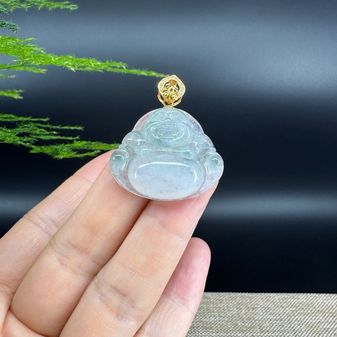 18K Yellow Gold Burmese Icy Green Jadeite Jade Happy Buddha Pendant