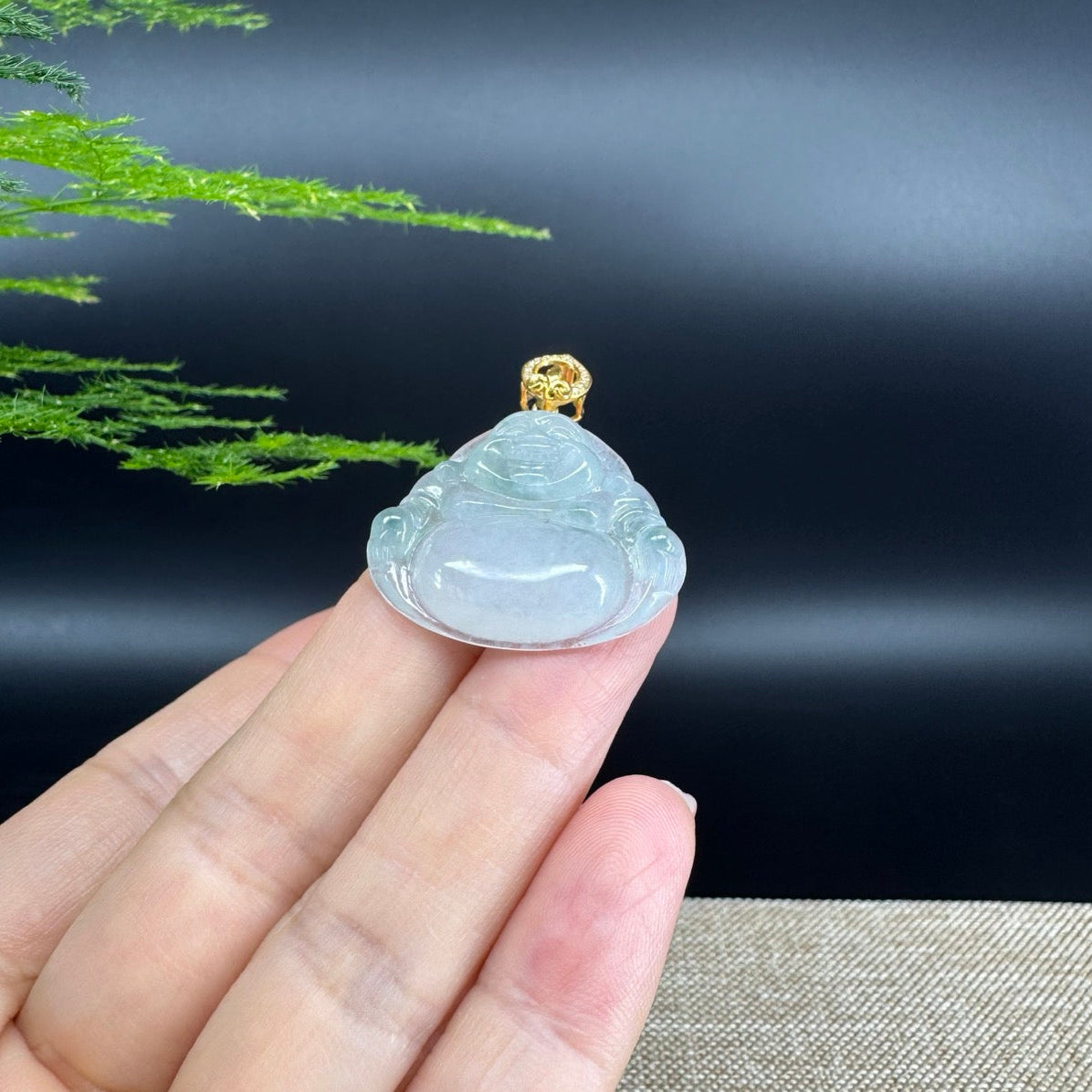18K Yellow Gold Burmese Icy Green Jadeite Jade Happy Buddha Pendant