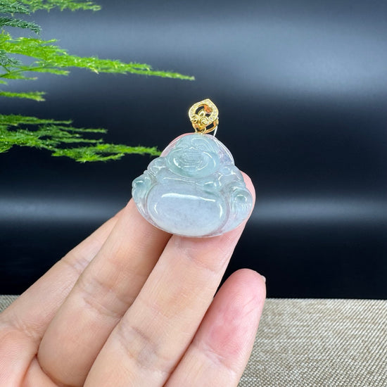 18K Yellow Gold Burmese Icy Green Jadeite Jade Happy Buddha Pendant