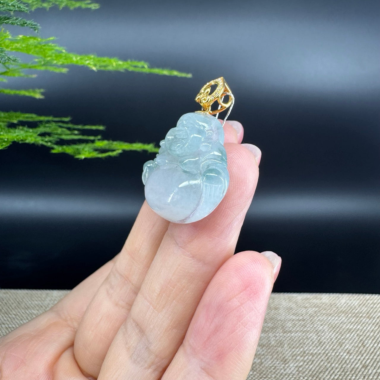 18K Yellow Gold Burmese Icy Green Jadeite Jade Happy Buddha Pendant