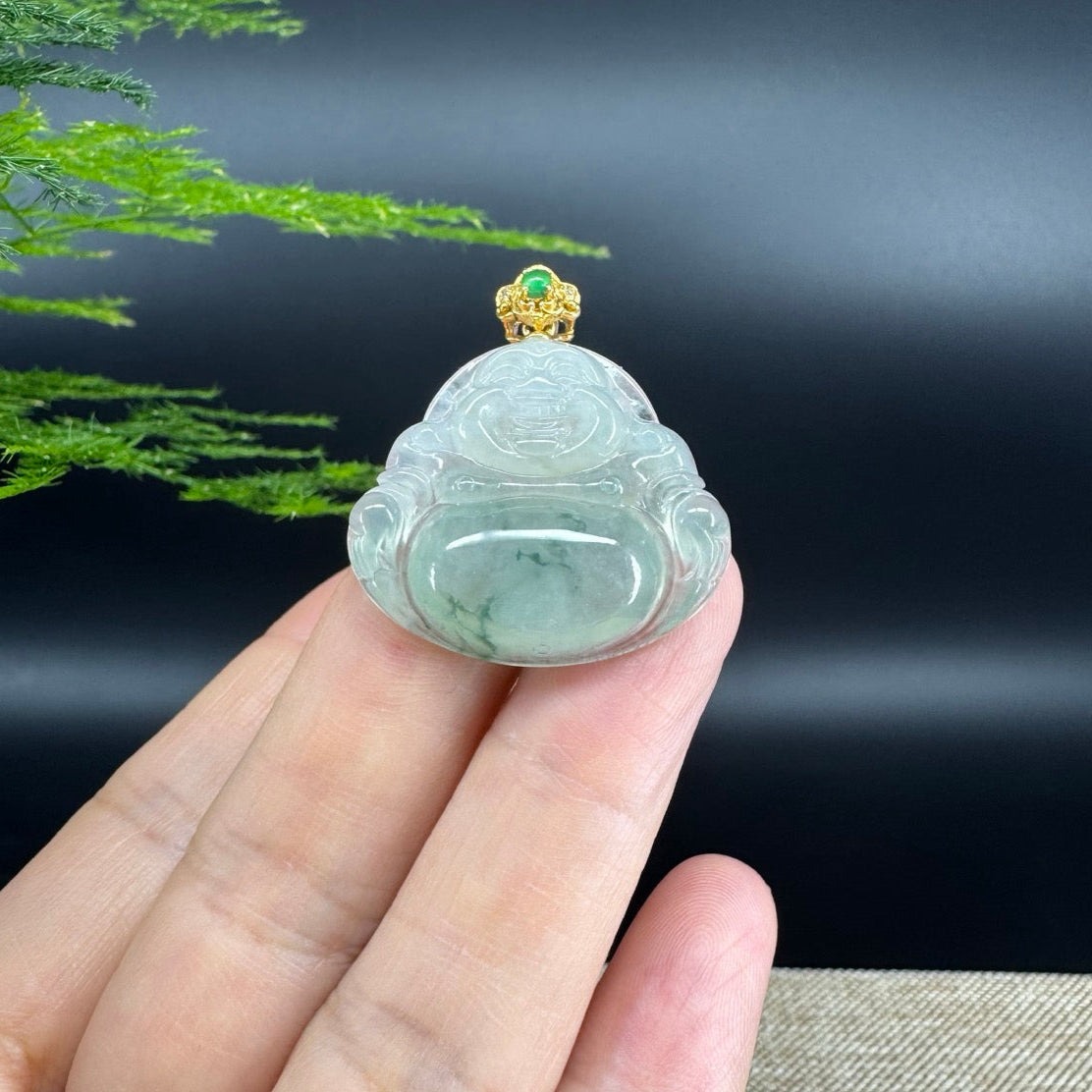 18K Yellow Gold Burmese Icy Green Jadeite Jade Happy Buddha Pendant