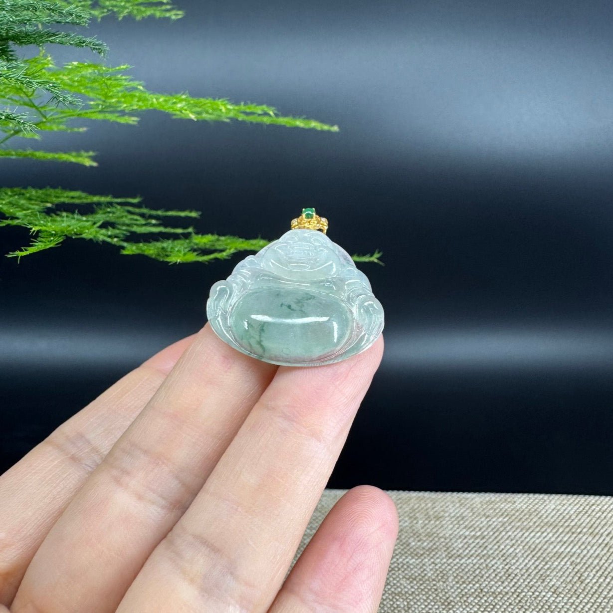 18K Yellow Gold Burmese Icy Green Jadeite Jade Happy Buddha Pendant