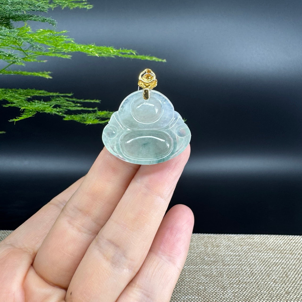 18K Yellow Gold Burmese Icy Green Jadeite Jade Happy Buddha Pendant