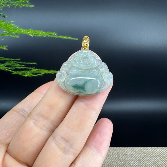 18K Yellow Gold Burmese Icy Green Jadeite Jade Happy Buddha Pendant