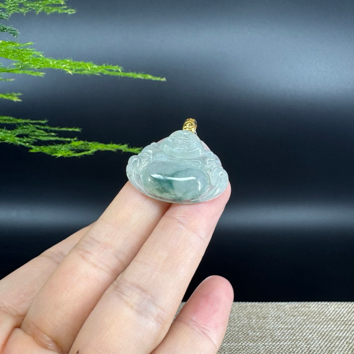 18K Yellow Gold Burmese Icy Green Jadeite Jade Happy Buddha Pendant