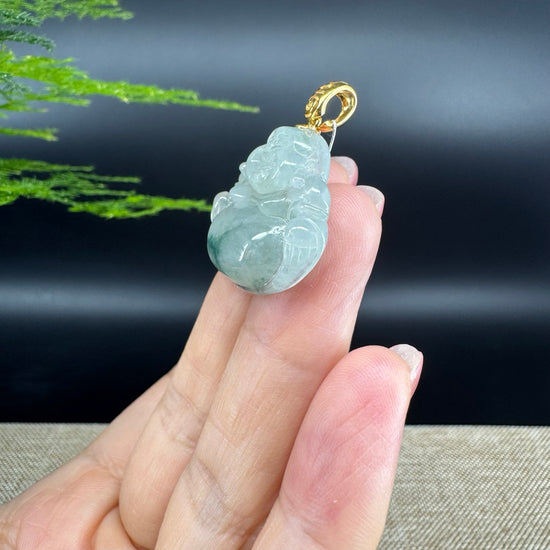18K Yellow Gold Burmese Icy Green Jadeite Jade Happy Buddha Pendant