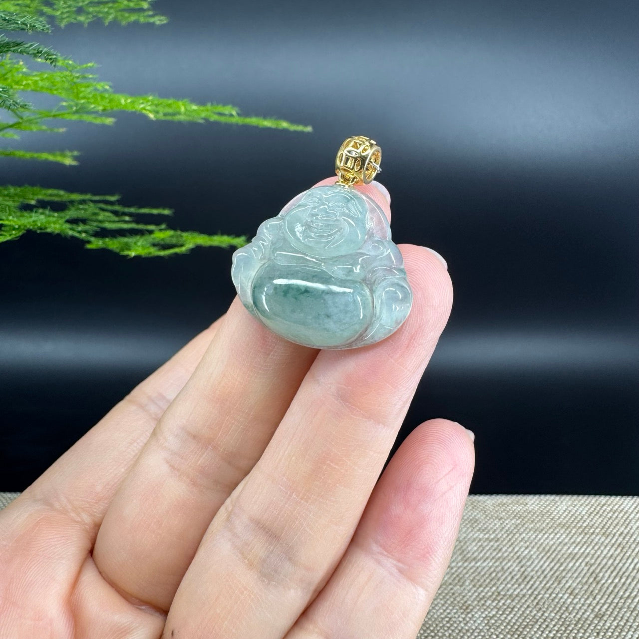 18K Yellow Gold Burmese Icy Green Jadeite Jade Happy Buddha Pendant
